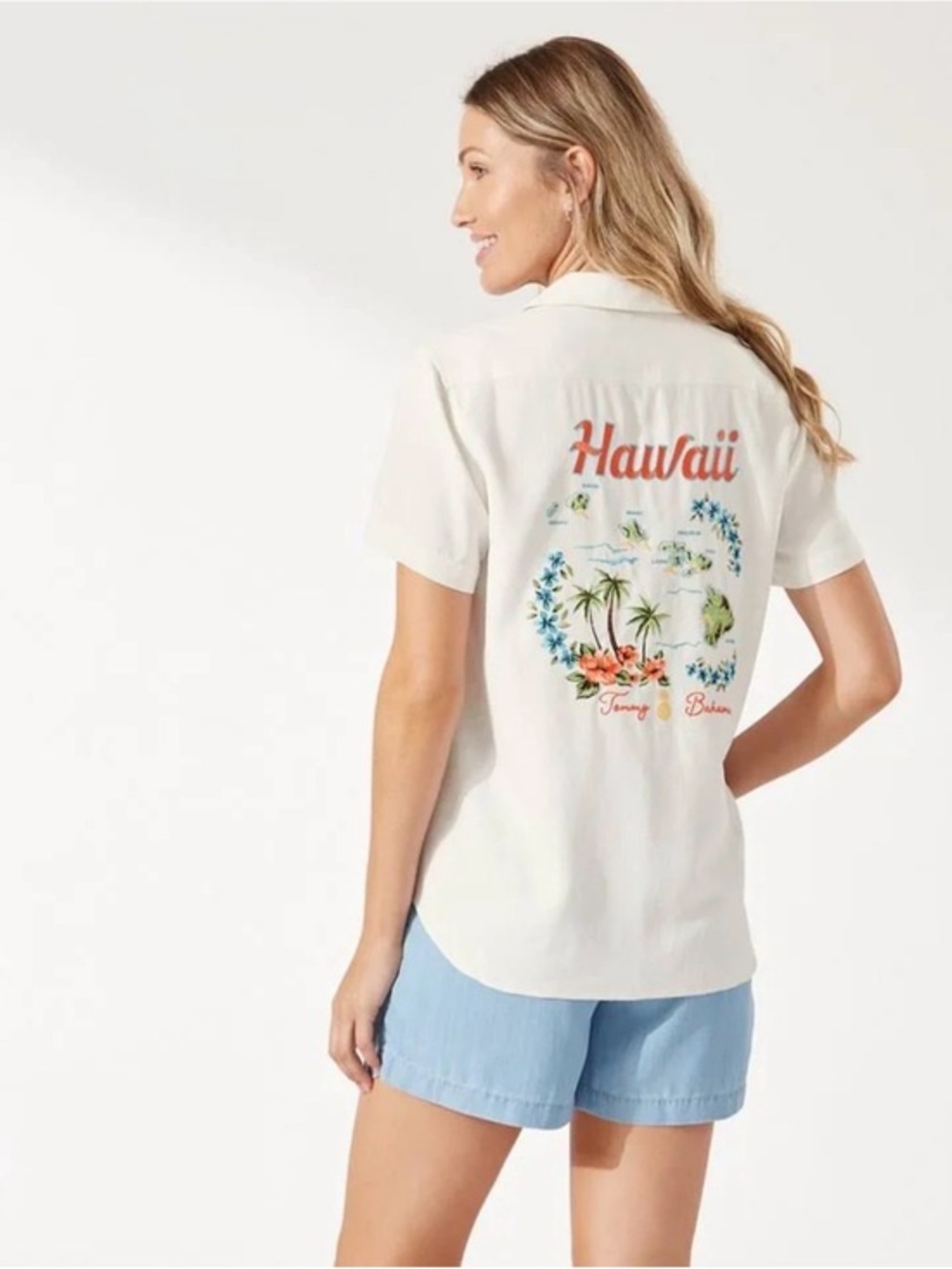 Tommy Bahama Hawaii Embroidered Washed Silk Camp Shirt Women’s M